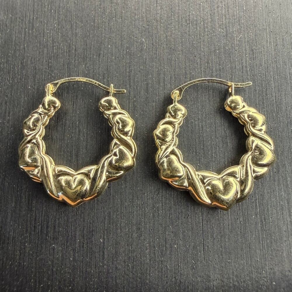 Solid 14k Italian Yellow Gold Heart Cluster Hoops Earrings 19mm Tall 17mm Wide - Picture 2 of 6